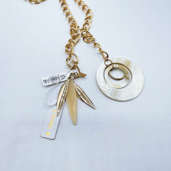 Akola Gold Chain Necklace With Mother-Of-Pearl Circle Pendant & Dangling Leaf Ch - Picture 8 of 8